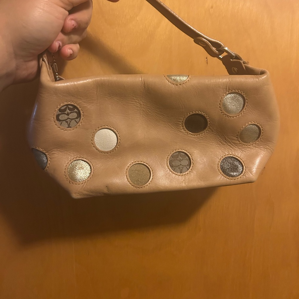 Coach Tan Leather Shoulder Bag with Polka Dot Accents